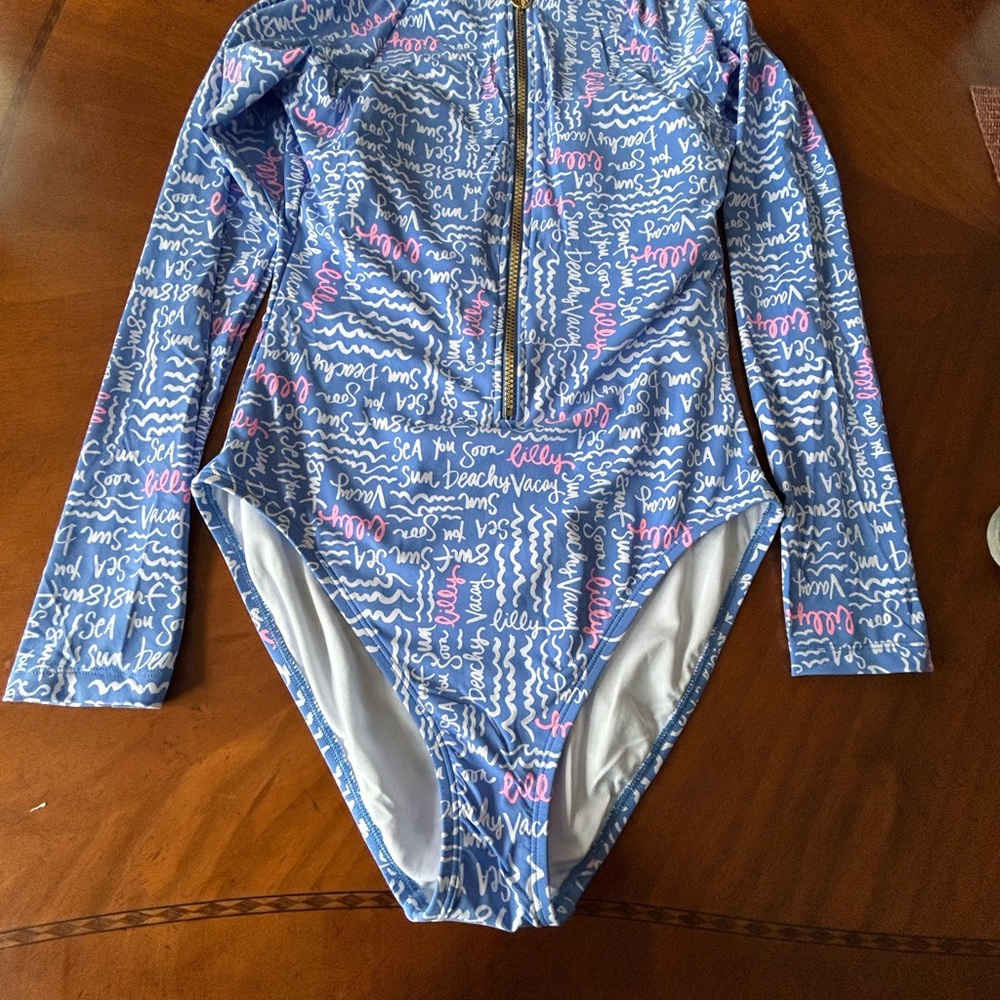 Lilly Pulitzer Blue and Pink Script One-Piece Swimsuit